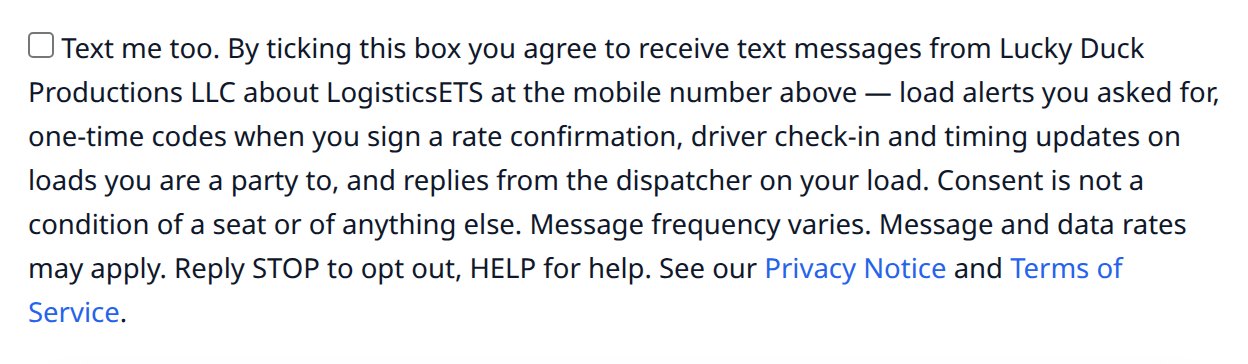 The text-alerts consent box, close up: unticked by default, optional, with the full program disclosure and links to the Privacy Notice and Terms of Service.