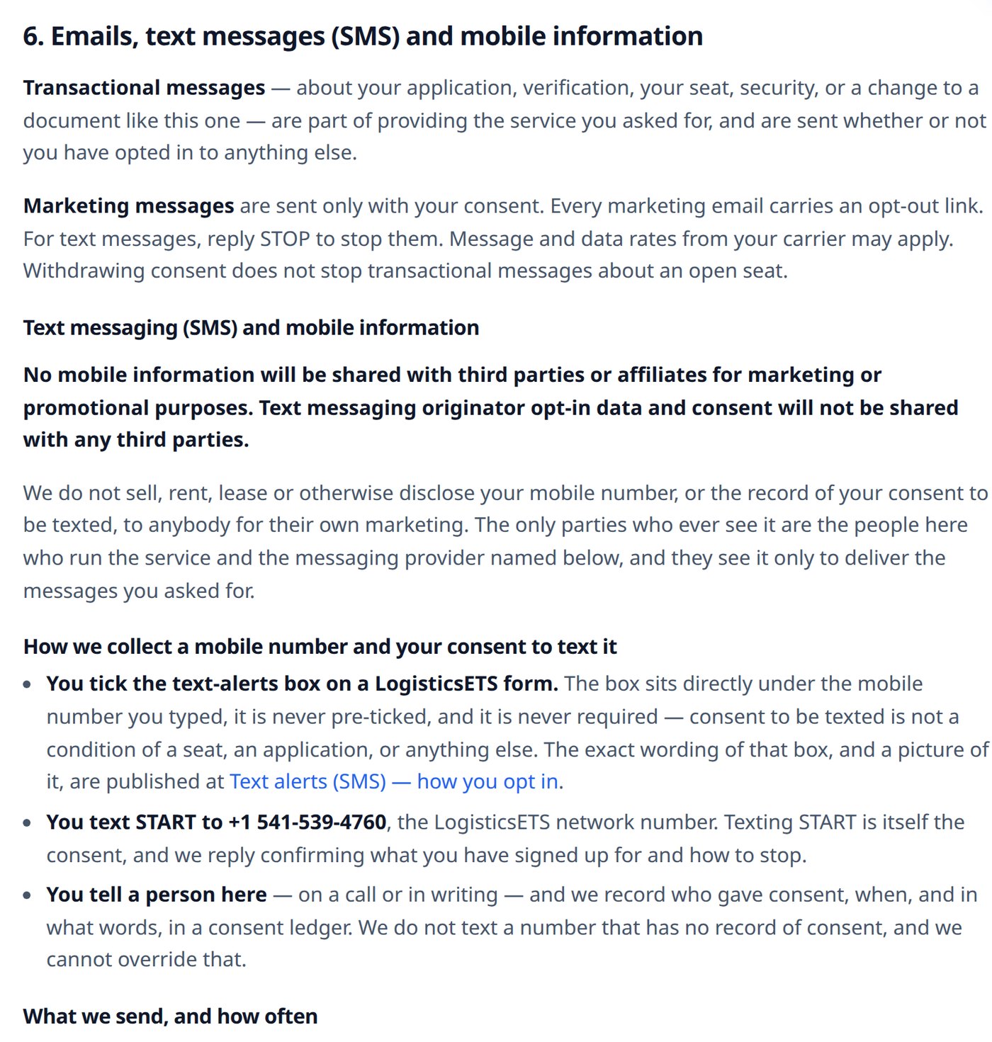 Privacy Notice section 6 as it is published at logisticsets.com/legal/privacy.html#messages, carrying the mandatory mobile-information clause.