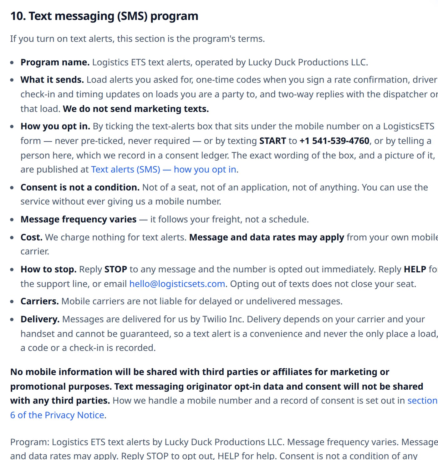 Terms of Service section 10 as it is published at logisticsets.com/legal/terms.html#sms.